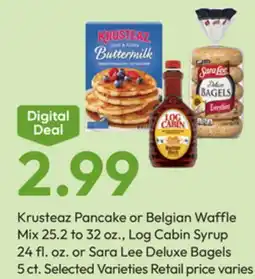 Stater Bros Krusteaz Pancake or Belgian Waffle Mix, Log Cabin Syrup, or Sara Lee Deluxe Bagels offer