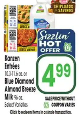 Jewel-Osco Kanzen Entrées 10.3-11.6 oz. or Blue Diamond Almond Breeze Milk 96 oz offer