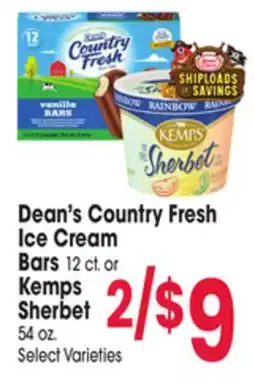 Jewel-Osco Dean's Country Fresh Ice Cream Bars 12 ct or Kemps Sherbet 54 oz offer