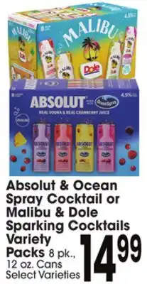 Jewel-Osco Absolut & Ocean Spray Cocktail or Malibu & Dole Sparkling Cocktails Variety Packs offer