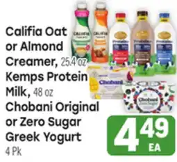 Tony’s Fresh Market Califia Oat or Almond Creamer, Kemps Protein Milk, Chobani Original or Zero Sugar Greek Yogurt offer