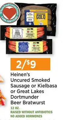 Heinen's Heinen's Uncured Smoked Sausage or Kielbasa or Great Lakes Dortmunder Beer Bratwurst offer