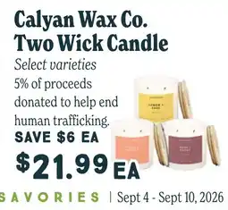 Market of Choice Calyan Wax Co. Two Wick Candle offer
