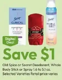 Stater Bros Old Spice or Secret Deodorant offer