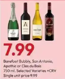 Stater Bros Barefoot Bubbly, San Antonio, Apothic or Clas du Bois offer