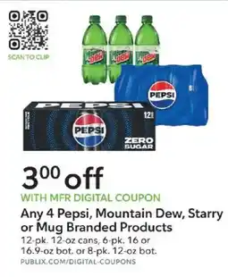 Publix Any 4 Pepsi, Mountain Dew, Starry or Mug Branded Products offer