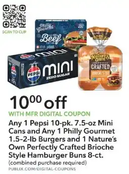 Publix Pepsi Mini Cans and Philly Gourmet Burgers and Nature's Own Brioche Style Hamburger Buns offer