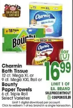 Jewel-Osco Charmin Bath Tissue or Bounty Paper Towels offer