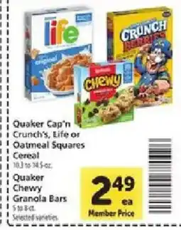 Safeway Quaker Cap'n Crunch's, Life or Oatmeal Squares Cereal offer