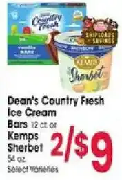 Jewel-Osco Dean's Country Fresh Ice Cream Bars or Kemps Sherbet offer