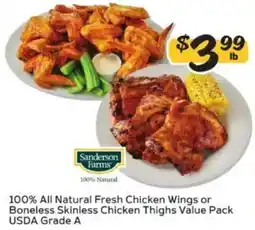 Winn Dixie Sanderson Farms 100% All Natural Fresh Chicken Wings or Boneless Skinless Chicken Thighs Value Pack offer