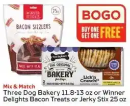 Winn Dixie Three Dog Bakery Bacon Treats or Jerky Stix offer
