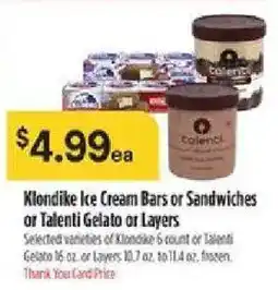 Bashas' Klondike Ice Cream Bars or Sandwiches or Talenti Gelato or Layers offer