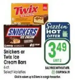 Jewel-Osco Snickers or Twix Ice Cream Bars offer