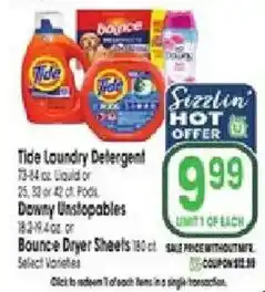 Jewel-Osco Tide Laundry Detergent, Downy Unstoppables, Bounce Dryer Sheets offer