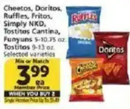 Vons Cheetos, Doritos, Ruffles, Fritos, Simply NKD, Tostitos Cantina, Fynuns offer