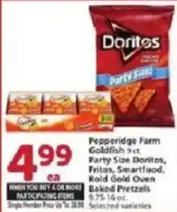 Vons Pepperidge Farm Goldfish 9 ct, Party Size Doritos, Fritos, Smartfood, Bold Gold Oven Baked Pretzels offer