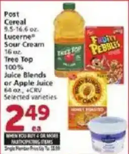 Vons Post Cereal, Lucerne Sour Cream, Tree Top Juice Blends or Apple Juice offer
