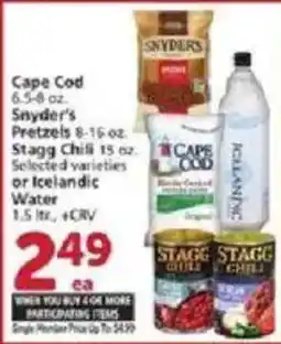 Vons Cape Cod Pretzels, Stagg Chili or Icelandic Water offer