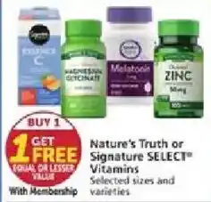 Vons Nature's Truth or Signature SELECT Vitamins offer