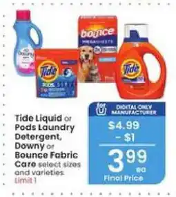 Albertsons Tide Liquid or Pods Laundry Detergent, Downy or Bounce Fabric Care offer