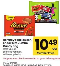Albertsons Hershey's Halloween Snack Size Jumbo Candy Bag offer