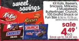 Giant Eagle Kit Kats, reese's, snickers, 3 musketeers, butterfinger, crunch, 100 grand snack or fun size offer