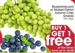 Giant Eagle Blueberries pint or Market District Autumn Crisp Grapes offer