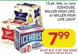 Pete's Fresh Market 12 pk. btl. or cans icehouse, miller high life, or miller high life light offer