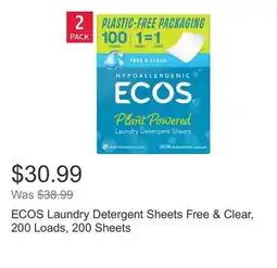 Costco ECOS Laundry Detergent Sheets Free & Clear, 200 Loads, 200 Sheets offer