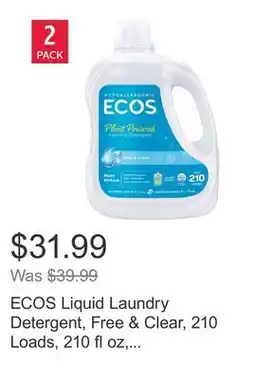 Costco ECOS Liquid Laundry Detergent, Free & Clear, 210 Loads, 210 fl oz, 2-count offer