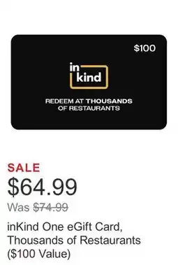 Costco inKind One eGift Card, Thousands of Restaurants ($100 Value) offer