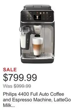 Costco Philips 4400 Full Auto Coffee and Espresso Machine, LatteGo Milk Frother offer