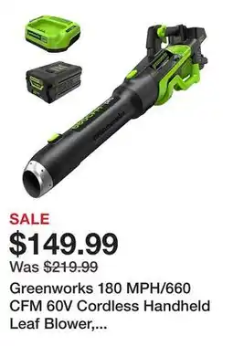 Tractor Supply Company Greenworks 180 MPH/660 CFM 60V Cordless Handheld Leaf Blower, Battery and Charger Included offer