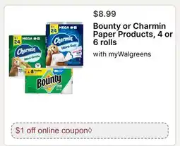 Walgreens Bounty or Charmin Paper Products, 4 or 6 rolls offer