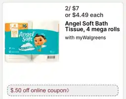 Walgreens Angel Soft Bath Tissue, 4 mega rolls offer