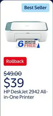 Walmart HP DeskJet 2942 Wireless All-in-One Color Inkjet Printer, 6 Months Free Instant Ink, Bristol Blue offer