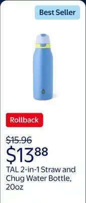 Walmart TAL 20oz Stainless Steel 2-in-1 Straw and Chug Water Bottle with Push Lid, Neon Blue offer
