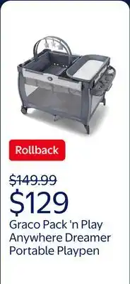 Walmart Graco Pack 'n Play Playard Anywhere Dreamer Portable Playpen, Pristine, Blue offer