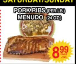 Superior Grocers PORK RIBS (PER LB.) MENUDO (24 OZ.) offer