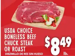 Vallarta Supermarkets USDA CHOICE BONELESS BEEF CHUCK STEAK OR ROAST / DIEZMILLO DE RES SIN HUESO offer
