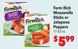 Vallarta Supermarkets Farm Rich Mozzarella Sticks or Jalapeno Poppers offer