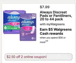 Walgreens Always Discreet Pads or Pantiliners offer