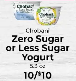 Sunset Foods Chobani zero sugar or less sugar yogurt offer
