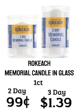 Seven Mile Market Rokeach memorial candle in glass offer