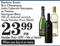 Pavilions Roederer Estate Brut Champagne, Justin Cabernet Sauvignon or Twomey Sauvignon Blanc offer