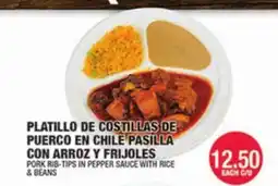 Carnicerias Jimenez PLATILLO DE COSTILLAS DE PUERCO EN CHILE PASILLA CON ARROZ Y FRIJOLES offer