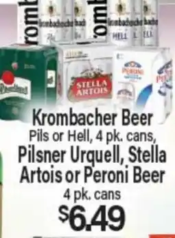 Angelo Caputo's Fresh Market Krombacher Beer Pils or Hell, 4 pk. cans, Pilsner Urquell, Stella Artois or Peroni Beer offer