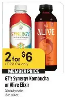 Raley's GT's Synergy Kombucha or Alive Elixir offer