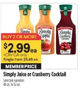 Raley's Simply Juice or Cranberry Cocktail offer